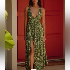 Celandine Green Printed Halter Maxi Dress with Front Slit from anthropologie